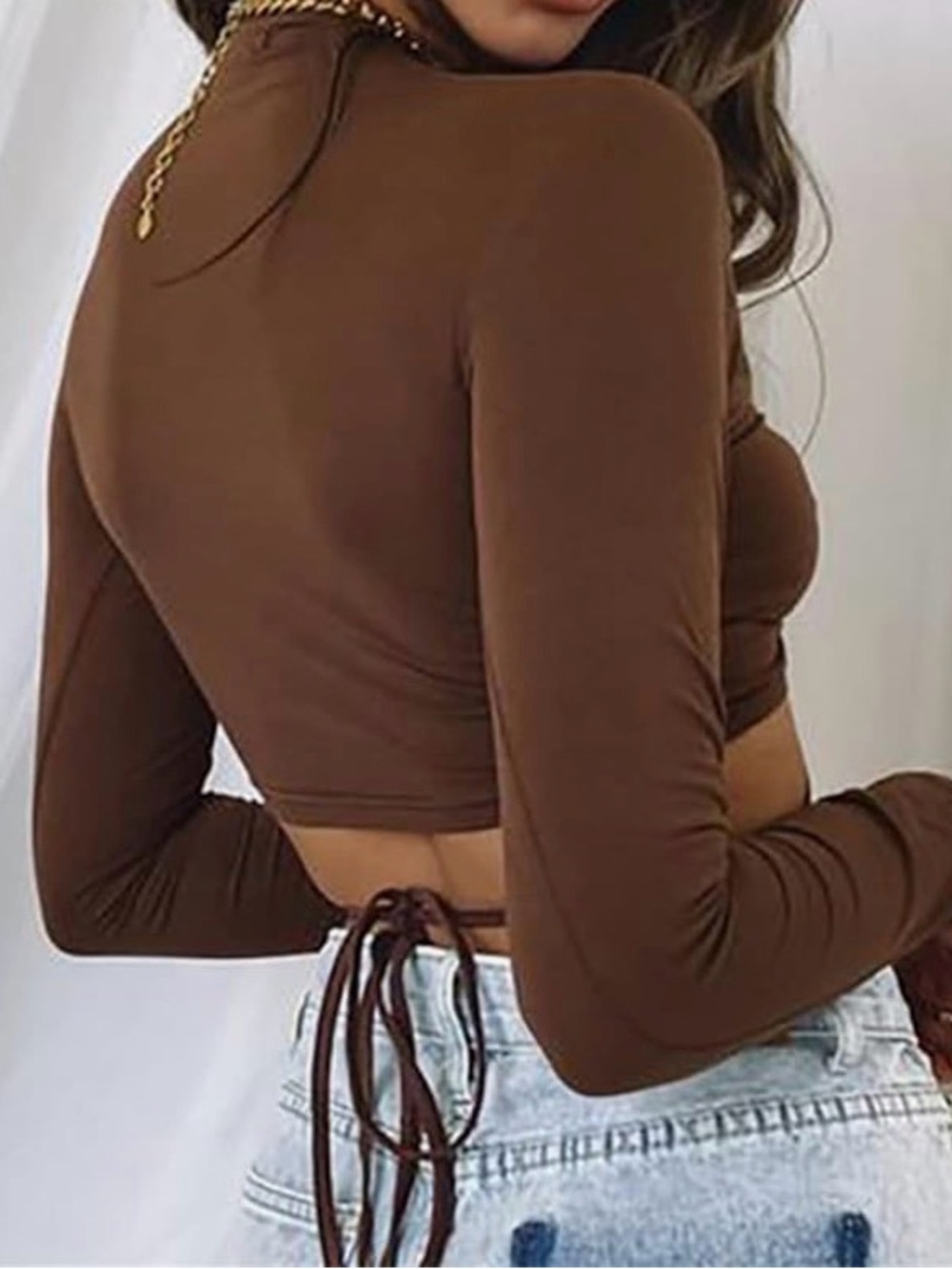 Ambiance Brown Long-Sleeve Tie-Back Crop Top mock neck Women small party school